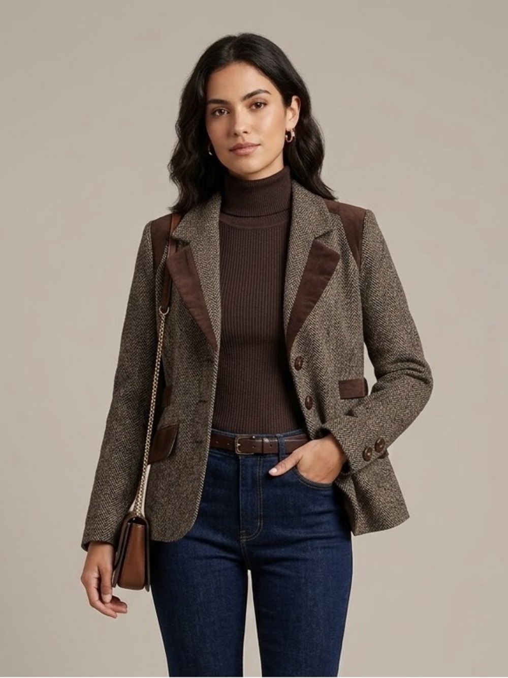 Y2K Vintage Dollhouse Herringbone Tweed Velvet Trim Riding Blazer Jacket L Brown